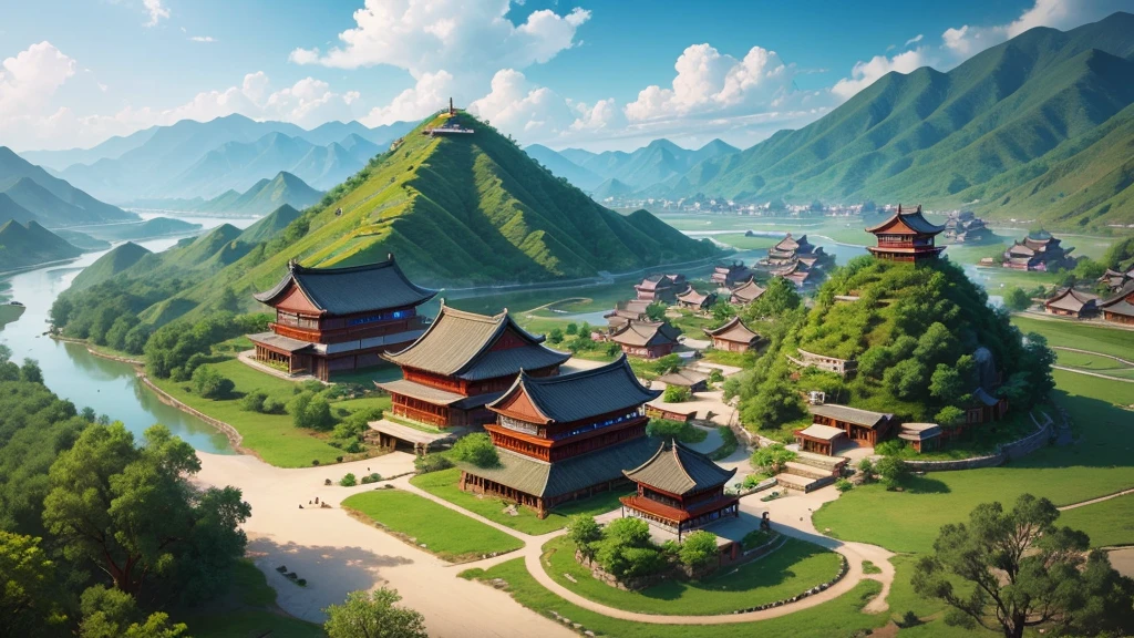 Beautiful scenery of ancient Chinese village. Aerial view, Photorealistic photos, High definition, 8K