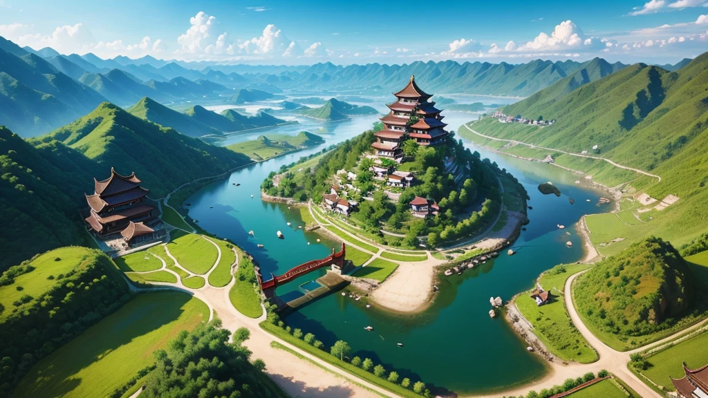 Beautiful scenery of ancient Chinese village. Aerial view, Photorealistic photos, High definition, 8K