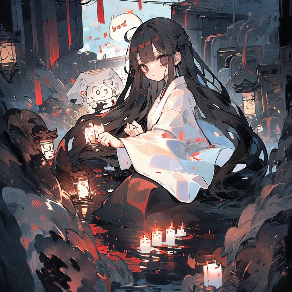 1 Girl,ghostの少女,Black Hair,Medium Long,2One,Center parted bangs,White Mesh,Black Eye,Droopy eyes,White yukata,funeral attire,White robes,beautiful girl,14 years old,cool,Fair skin,Pale skin,Black and White,ghost,rough