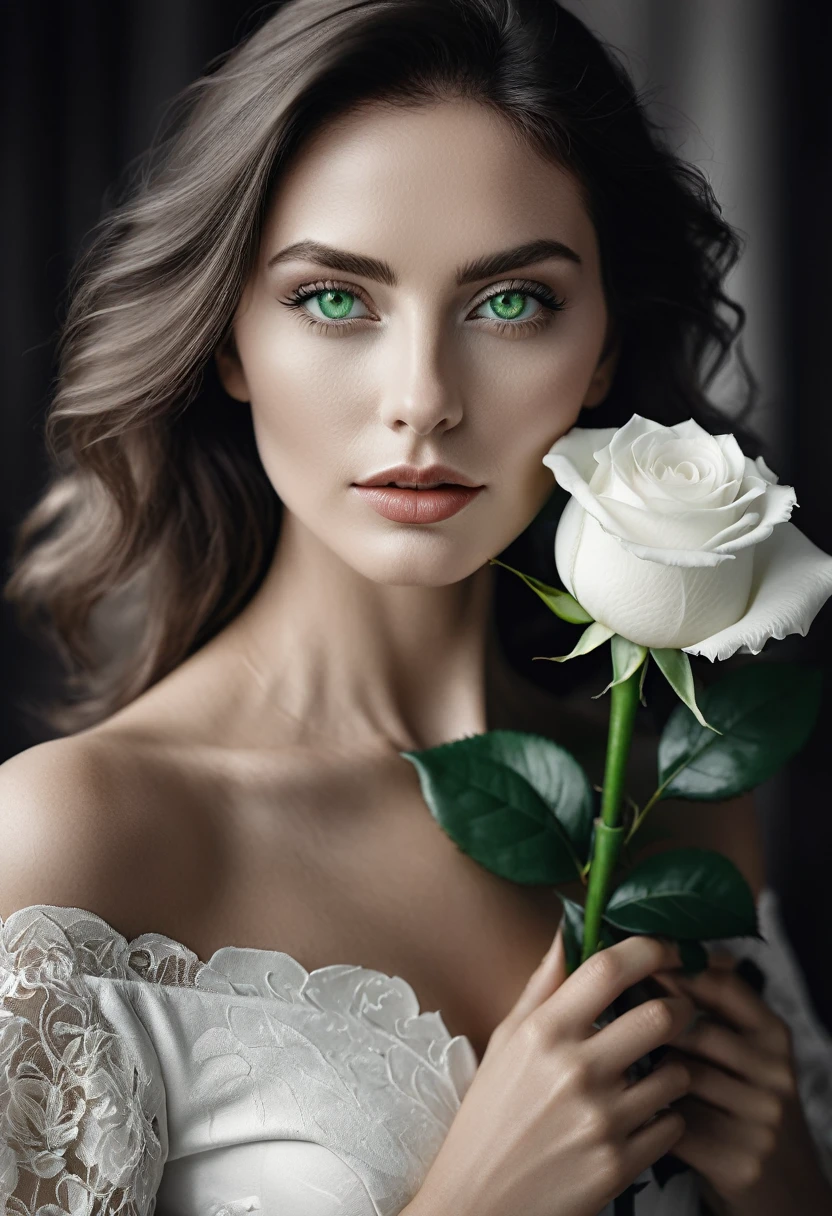 black and white, a woman with green eyes, flawless skin, half body shot, holding a white rose, whimsical photography style, captured with an Arriflex 35BL camera using Canon K25 prime lenses, cinematic, dramatic lighting, ultra clear, breathtaking surreal masterpiece.
