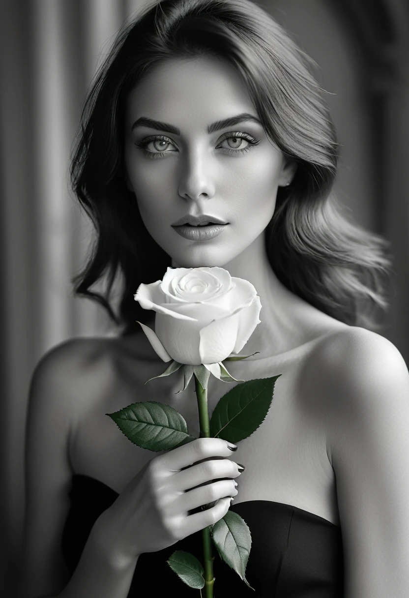black and white, a woman with green eyes, flawless skin, half body shot, holding a white rose, whimsical photography style, captured with an Arriflex 35BL camera using Canon K25 prime lenses, cinematic, dramatic lighting, ultra clear, breathtaking surreal masterpiece.