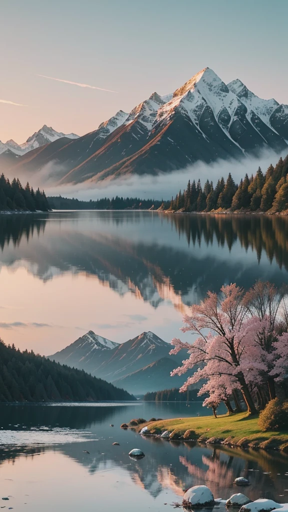 Create a breathtaking landscape featuring a serene lake surrounded by lush, verdant forests. In the background, majestic mountains rise high into the sky, their peaks dusted with snow. The sky above is painted in the warm hues of a setting sun, with soft clouds reflecting the golden and pink tones. A gentle mist rolls over the water, adding an ethereal touch to the scene. The atmosphere should be peaceful and inviting, capturing the beauty of nature in its purest form.