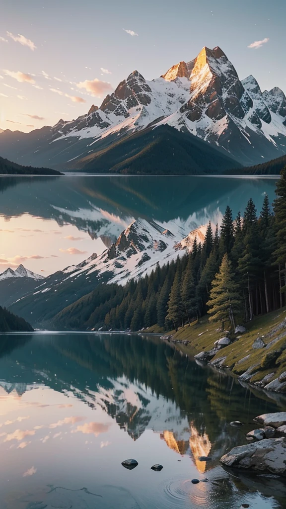Create a breathtaking landscape featuring a serene lake surrounded by lush, verdant forests. In the background, majestic mountains rise high into the sky, their peaks dusted with snow. The sky above is painted in the warm hues of a setting sun, with soft clouds reflecting the golden and pink tones. A gentle mist rolls over the water, adding an ethereal touch to the scene. The atmosphere should be peaceful and inviting, capturing the beauty of nature in its purest form.