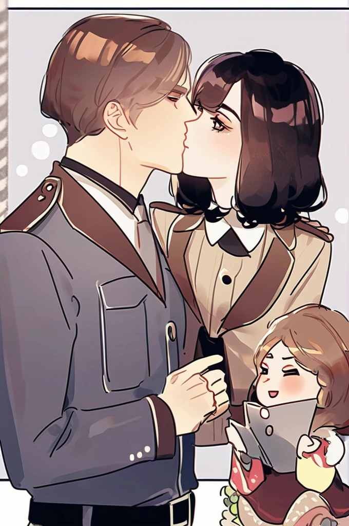 ((Лучшее качество)), ((шедевр)), (подробный), A Russian policeman in uniform kisses a manga-style prostitute