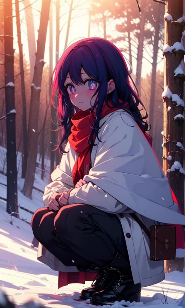 aihoshino, Ai Hoshino, Long Hair, bangs, (Purple eyes:1.1), Purple Hair, (Symbol-shaped pupil:1.5), smile,,smile,blush,White Breath,
Open your mouth,snow,Ground bonfire, Outdoor, boots, snowing, From the side, wood, suitcase, Cape, Blurred, , forest, White handbag, nature, Squat, Mouth closed, Cape, winter, Written boundary depth, Black shoes, red Cape break looking at viewer, Upper Body, whole body, break Outdoor, forest, nature, break (masterpiece:1.2), Highest quality, High resolution, unity 8k wallpaper, (shape:0.8), (Beautiful and beautiful eyes:1.6), Highly detailed face, Perfect lighting, Extremely detailed CG, (Perfect hands, Perfect Anatomy),