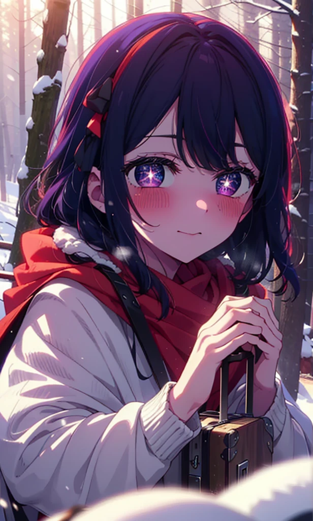aihoshino, Ai Hoshino, Long Hair, bangs, (Purple eyes:1.1), Purple Hair, (Symbol-shaped pupil:1.5), smile,,smile,blush,White Breath,
Open your mouth,snow,Ground bonfire, Outdoor, boots, snowing, From the side, wood, suitcase, Cape, Blurred, , forest, White handbag, nature, Squat, Mouth closed, Cape, winter, Written boundary depth, Black shoes, red Cape break looking at viewer, Upper Body, whole body, break Outdoor, forest, nature, break (masterpiece:1.2), Highest quality, High resolution, unity 8k wallpaper, (shape:0.8), (Beautiful and beautiful eyes:1.6), Highly detailed face, Perfect lighting, Extremely detailed CG, (Perfect hands, Perfect Anatomy),