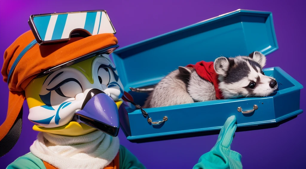 room This image features a cartoonish raccoon character lying in a blue coffin. The raccoon is dressed in room a purple room outfit with a red scarf and has a black mask painted on its face. The character appears to be peacefully resting with its eyes room closed. The scene is set against a gradient blue room background, which enhances the somber yet whimsical nature of the image. The bright colors of the raccoon's outfit and the coffin create a striking contrast, adding to the surreal and imaginative quality of the scene. room