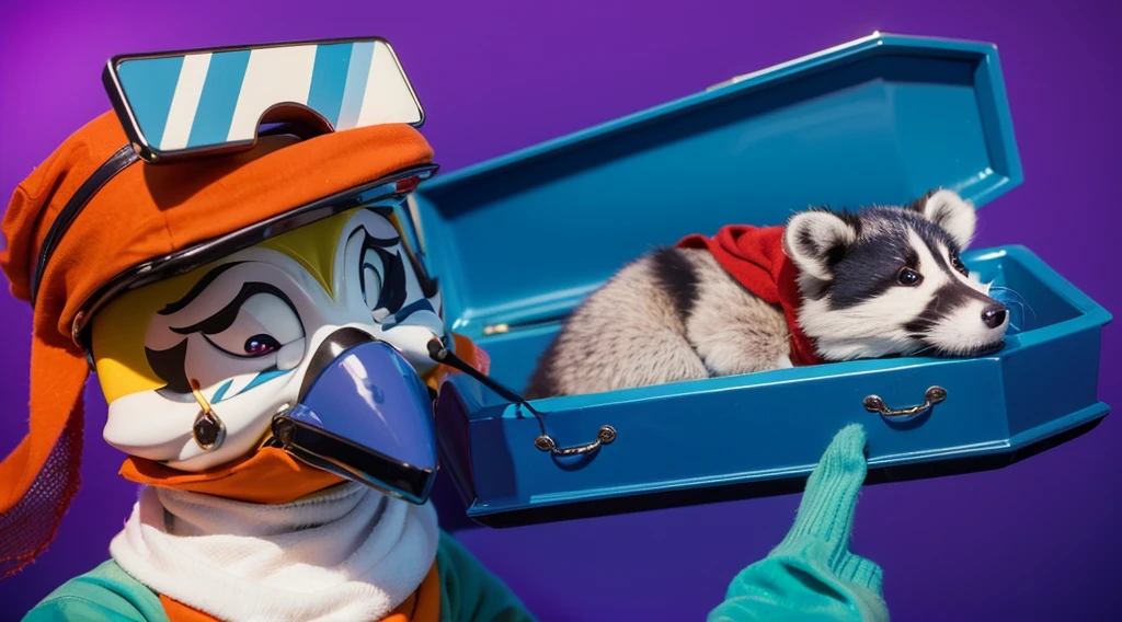 room This image features a cartoonish raccoon character lying in a blue coffin. The raccoon is dressed in room a purple room outfit with a red scarf and has a black mask painted on its face. The character appears to be peacefully resting with its eyes room closed. The scene is set against a gradient blue room background, which enhances the somber yet whimsical nature of the image. The bright colors of the raccoon's outfit and the coffin create a striking contrast, adding to the surreal and imaginative quality of the scene. room