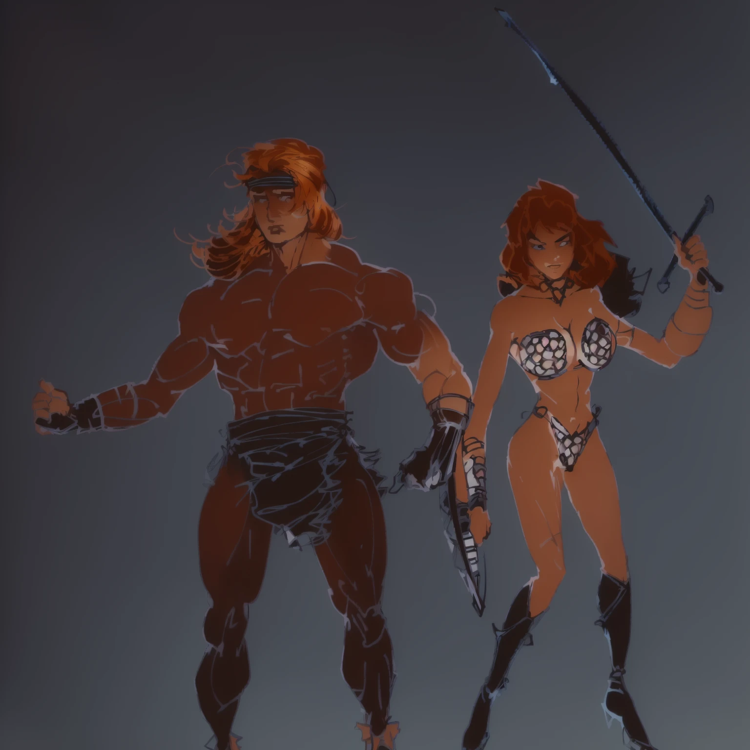 masterpiece, best quality, (extremely detailed CG unity 8k wallpaper), (best quality), (best illustration), (best shadow), absurdres, realistic lighting, (Abyss), beautiful detailed glow, a drawing of a man in a kilt holding a bag, conan the barbarian and red sonja illustration, barbarian, male barbarian, female barbarian, style of frank miller, frank miller style, by Frank Miller, frank frazetta manga style, frank frazetta style, tanned barbarian warriors, young black haired strongman and beautiful orange haired woman, picture of an adult male and female warrior, fur-clad barbarian and steal ring bikini wearing woman holding a steal sword and shield, she has steal gauntlets long gloves, muscular character. summer day, blue sky, grass field.