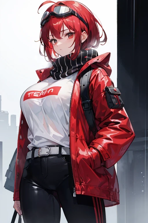 A tall cute woman with large breasts and wearing an opened red jacket with a white t-shirt underneath and black pants. She has short dark red hair and wears a striped black and red scarf also wearing red headphones and a utility belt slinged across her shoulder she is also wearing ski goggles on her head. She has a cold stern look on her face and her arms behind her back. Rainy dark background