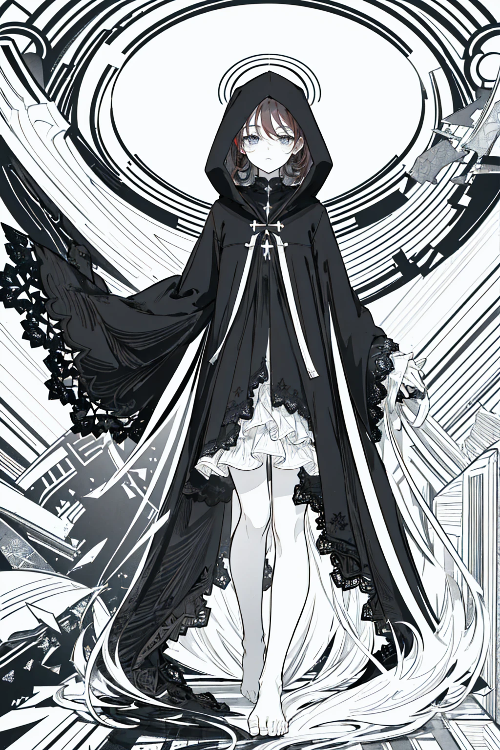 (masterpiece), hres, high quality, 4k, unity render, 1girl, solo, lineart, (monochrome:1.2), intrincate detailed,(black hair:1.5),Wearing a black robe with lace,Wearing a black hood,hood covers his eyes,Slightly curlyhair,Beautiful,cold expression,Cross your feet,