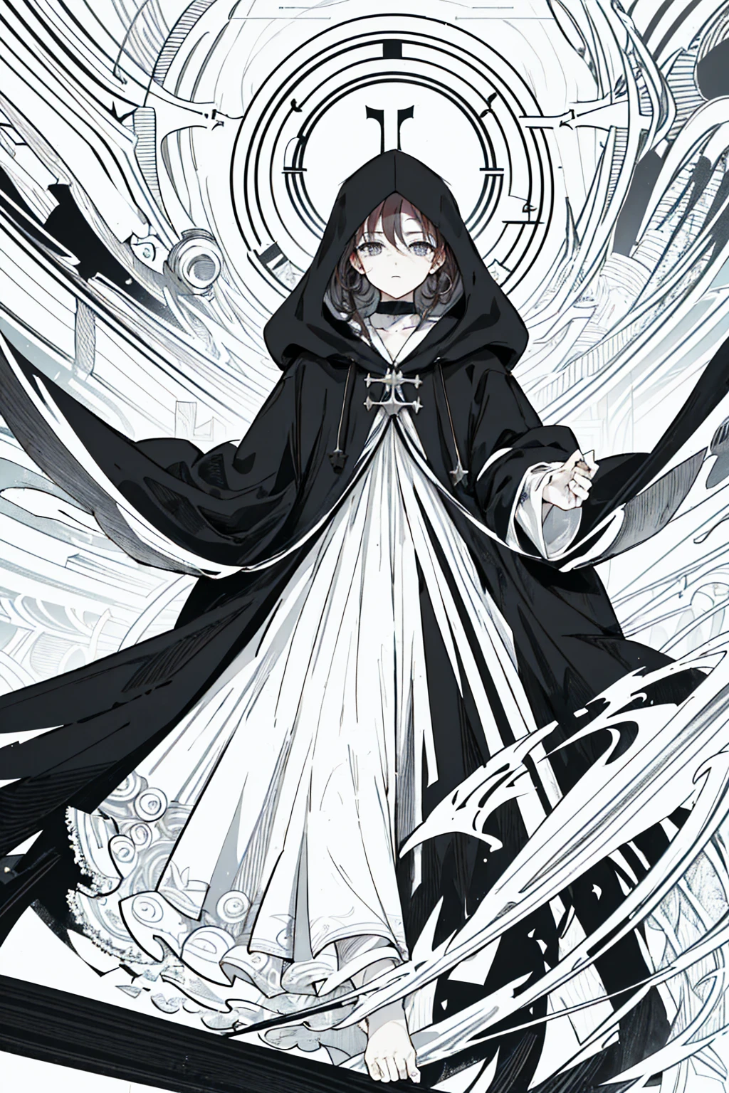 (masterpiece), hres, high quality, 4k, unity render, 1girl, solo, lineart, (monochrome:1.2), intrincate detailed,(black hair:1.5),Wearing a black robe with lace,Wearing a black hood,hood covers his eyes,Slightly curlyhair,Beautiful,cold expression,Cross your feet,
