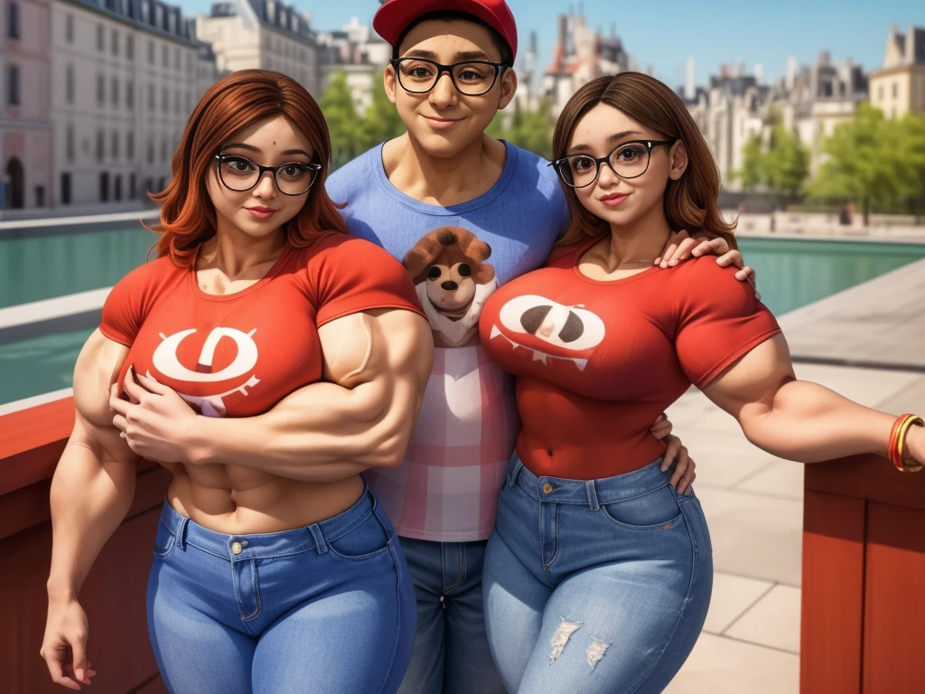 (masterpiece, best quality:1.2), A couple , boy Nino Lahiffe: Brown skin, dark hair, usually seen wearing a red cap, glasses, and casual clothing like a T-shirt and jeans, and a girl Alya Césaire: Brown skin, curly dark brown hair, often wears glasses, and typically seen in stylish, casual outfits. A casual day out with both characters in their everyday attire,Sharing a tender moment, like sitting on a rooftop overlooking Paris..(girl and boy:1), smiling, ((high resolution illustration)), ((extremely detailed)), (couple), Alya, Nino, Nino X Alya, (best quality,4k,8k,highres,masterpiece:1.2), ultra-detailed, realistic:1.37, HDR, studio lighting, extreme detail description, nino wearing a red cap, professional, vibrant colors, bokeh, ((muscular female bodybuilder)), detailed lips, strong embrace, romantic scene, intimate moment, intense passion, athletic bodies, fitness couple, gym, (((both flexing their big muscles))).