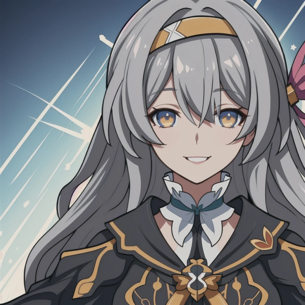 anime girl, smiling, grey hair, firefly, star rail, honkai star rail, dark brown clothes, 1girl, masterpiece, (beautiful and aesthetic:1. 5), thick black lineart, clean lineart, perfect lineart, variable lineart, thick lineart, clean anime outlines, intense line art, bold lineart, sharp lineart, heavy lineart, line art, best quality, high quality, high details, super detail, best quality, ultra-detailed, colourful, saturated colours, dynamic lighting, HD,