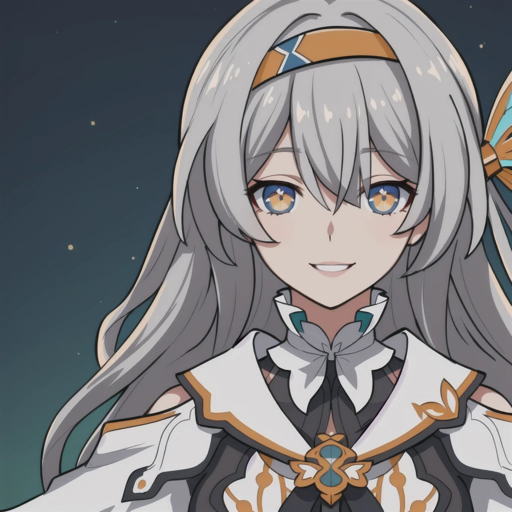 anime girl, smiling, grey hair, firefly, star rail, honkai star rail, dark brown clothes, 1girl, masterpiece, (beautiful and aesthetic:1. 5), thick black lineart, clean lineart, perfect lineart, variable lineart, thick lineart, clean anime outlines, intense line art, bold lineart, sharp lineart, heavy lineart, line art, best quality, high quality, high details, super detail, best quality, ultra-detailed, colourful, saturated colours, dynamic lighting, HD,