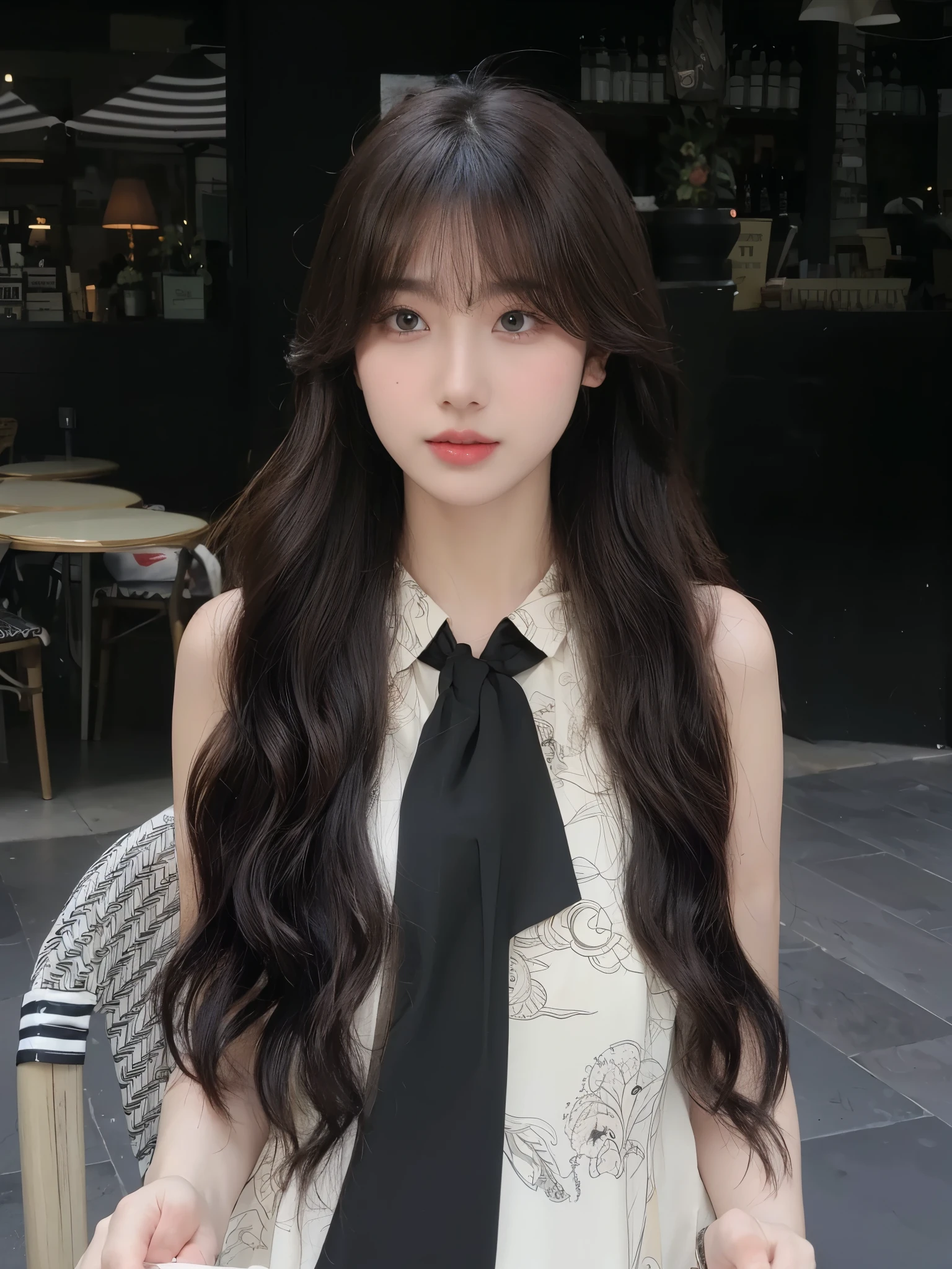 Air bangs long curly hair，Long curly black brown hair，Natural and beautiful hair，The background is simple and clean，uniform hair color