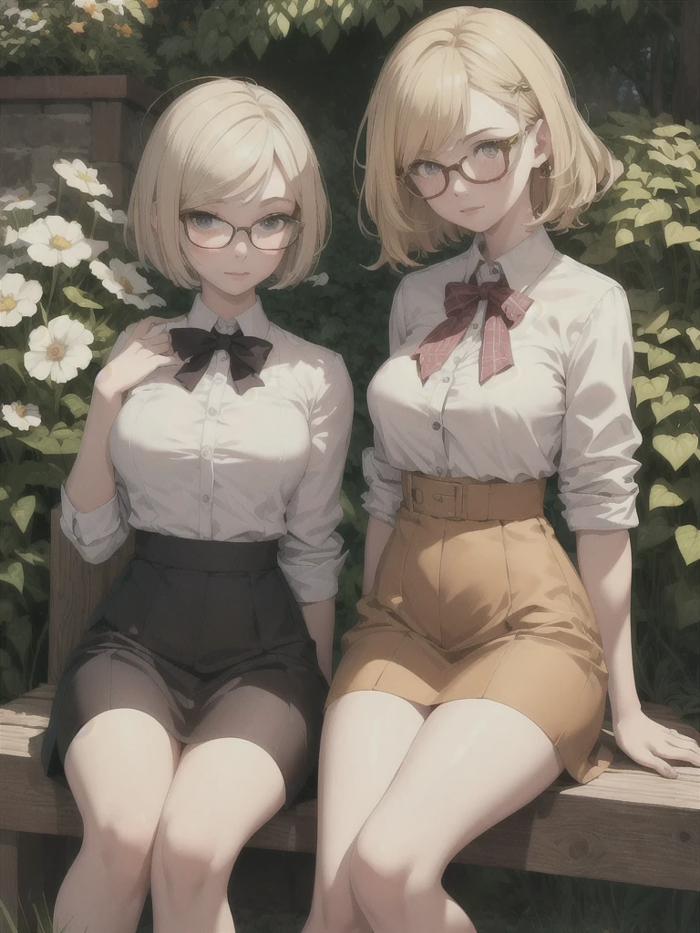 ((Highest quality)), ((masterpiece)), (detailed), Two Girls,,nsfw,Blonde,Glasses,high school girl,short hair,garden