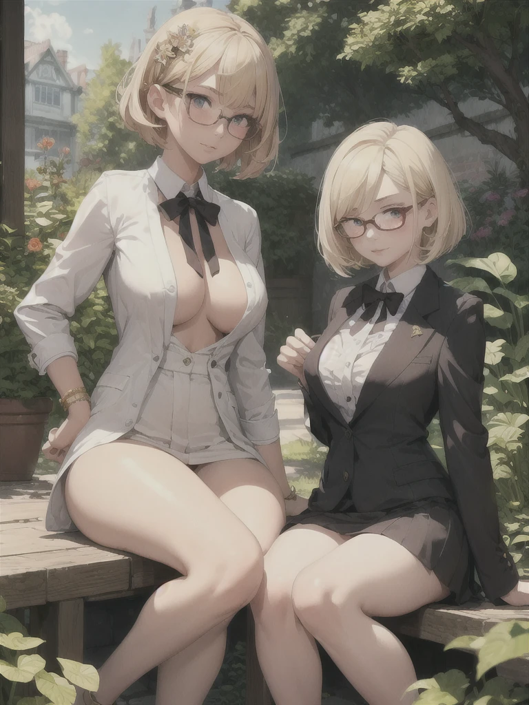 ((Highest quality)), ((masterpiece)), (detailed), Two Girls,,nsfw,Blonde,Glasses,high school girl,short hair,garden