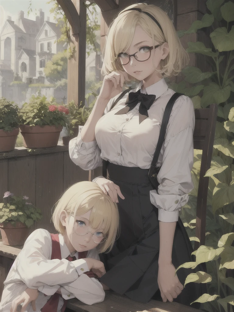 ((Highest quality)), ((masterpiece)), (detailed), Two Girls,,nsfw,Blonde,Glasses,high school girl,short hair,garden