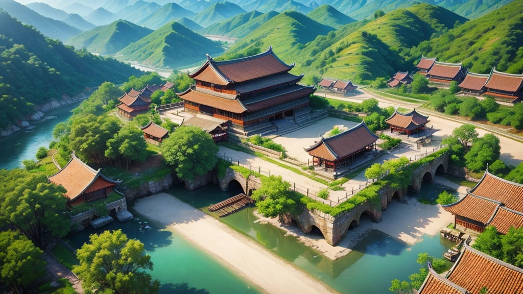 Beautiful scenery of ancient Chinese village. Aerial view, Photorealistic photos, High definition, 8K