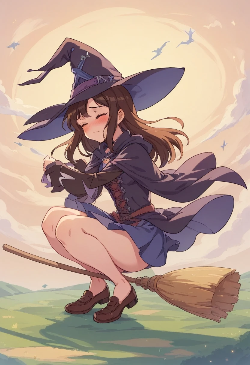 ((((空を飛ぶwitch))),((Ride a broom)),(Straddling a broom),Fantasy,Beautiful light and shadow,Anatomically correct,masterpiece,Highest quality,最高masterpiece,8K,Use of magic,witch:witchの帽子:witchの衣装:Familiar,Wind,Fantasy,wonderful,An illustration,Digital Art,wonderful,wonderful,カラーAn illustration,Rich colors,(Blushing),(Eyes closed),(Mouth closed),(Holding the end of the broom tightly with both hands),(slightly squatting),(Both feet are on the ground),(Both feet are wearing shoes),（ One broom handle、The broom handle is connected）,(The tips of the broom face backwards)