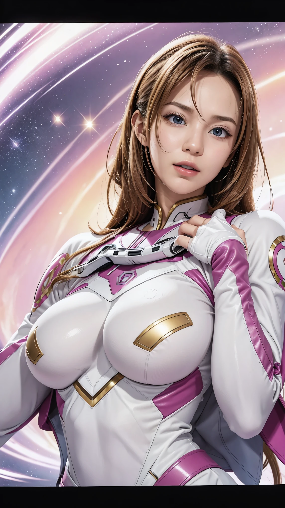 (masterpiece:1.2, Highest quality),(Very detailed),8K,wallpaper,1 female,Mature Woman,48 years old,sentai heroine pink,Muscular,((White metallic squadron suit)),(((Better Hands))),((The background is Galaxy Flash)),Random hairstyle,Random Pause,(((Beautiful female hands,detailed drawing of a hand))),cyber punk,((Beautiful trading cards,gold framed))