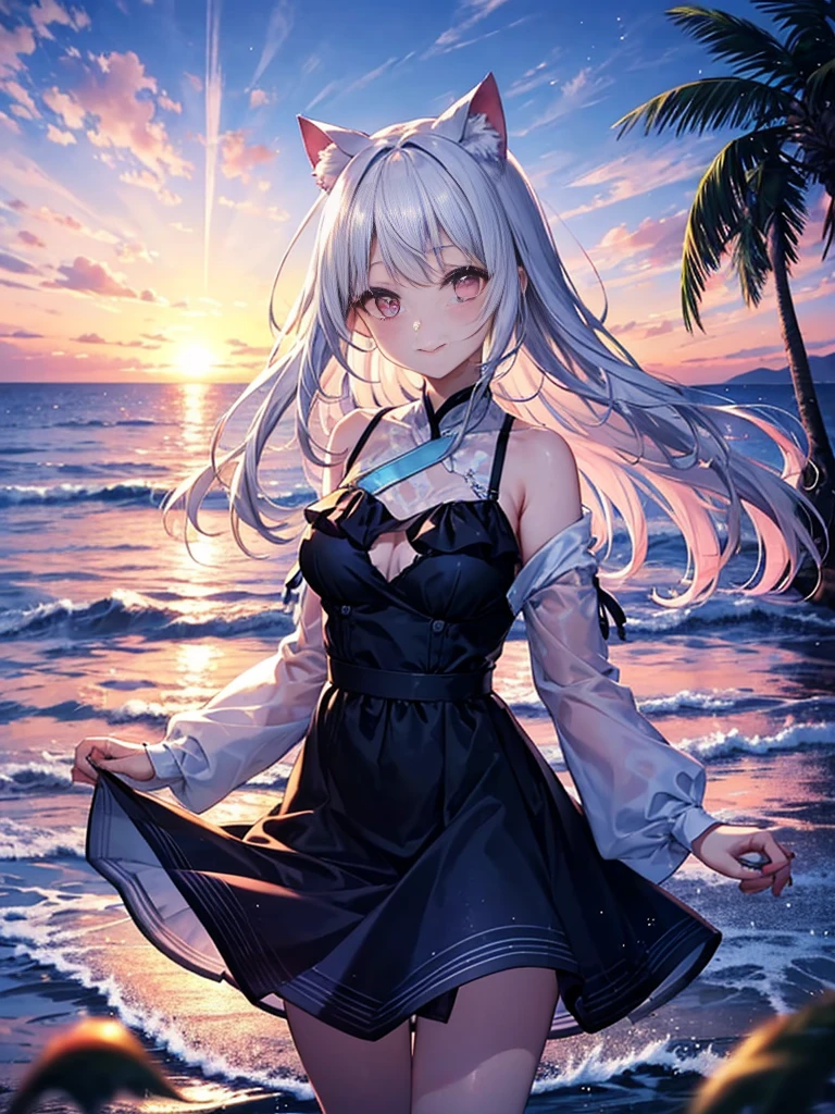 Highly detailed face, water effects、Light effects,medium breasts,pretty girl,smile,Cat ear,Beautiful silver hair,Pink inside,Beautiful pink eyes ,an orange、pink there、Yellow blends to fill the sky、The sunset over the beach is truly mesmerizing。The crystal clear sea gently kisses the shore、White sand beaches stretch everywhere。Seagulls soar high into the sky、It is a dynamic and breathtaking scene with palm trees gently swaying。Embrace a calm atmosphere、Peace washes you,dress