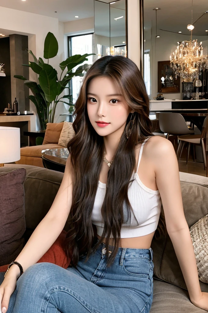 Generate an image of a stunning 20-year-old Asian woman with beauty akin to a goddess of the fire element. She has big brown eyes, dark brown hair, glowing skin, and an attractive appearance. She is wearing a beautiful top paired with blue skinny jeans. The woman is sitting sweetly on a living room sofa, her posture relaxed and inviting, surrounded by cozy and elegant decor.