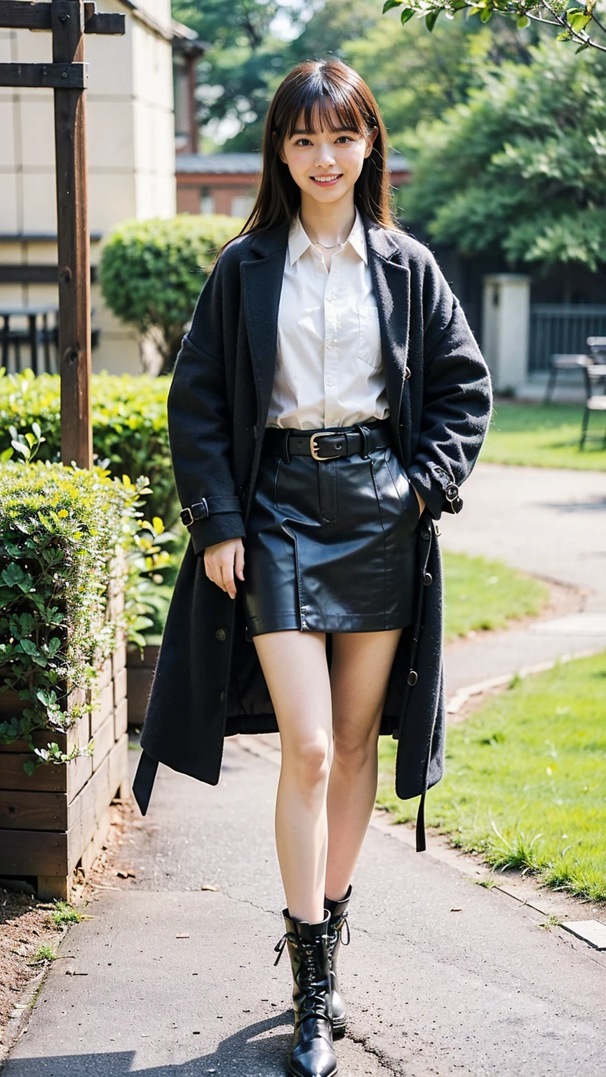 (8K、RAW Photos、Highest quality、masterpiece:1.2)、(Realistic、Realistic)、1 Girl、((mini skirt、shirt、Long coat、black、Thin legs、whole body、boots、one piece、tights、garden、View from the front、smile、Looking into the camera、belt、Stand with hands on hips))、cute