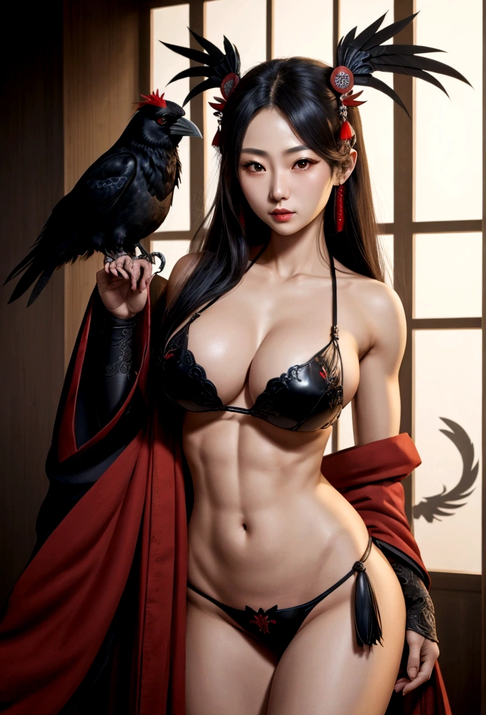 Beautiful female Tengu、Large Breasts、Crow、Muscular