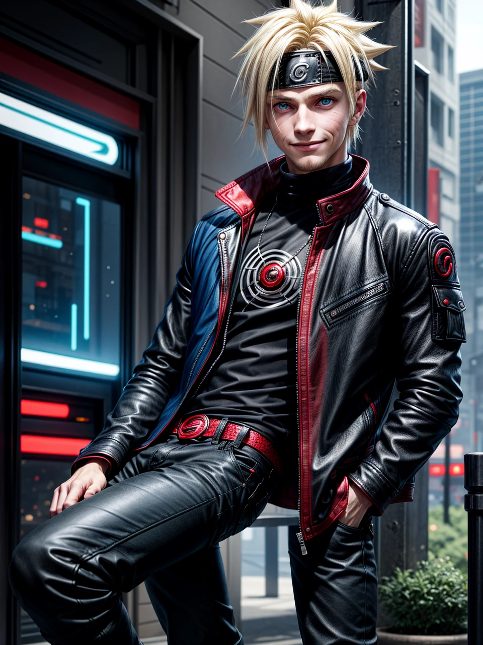 Portrait, 1 boy, Junior style, Pointy blonde hair, Scratches on Cheeks, Black and red clothes, Leather jacket, Jeans, Boots, Turban with leaf symbol, Perfect eyes, Cool, Blue eyes, full bodyesbian, During the day, outside, --Name Naruto Uchiha Smile -- City with futuristic architecture and holograms