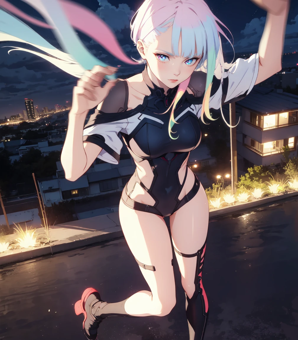 Anime girl in pink outfit leans on urban floor, Oppai Cyberpunk, best anime 4k konachan wallpaper, Neon City in the background, dominant posture, city in the background, sexy pose, digital cyberpunk anime art, anime cyberpunk art, Sexy Dominant Pose, Cyberpunk anime girl, with Cyberpunk style, digital cyberpunk - anime art, 2b