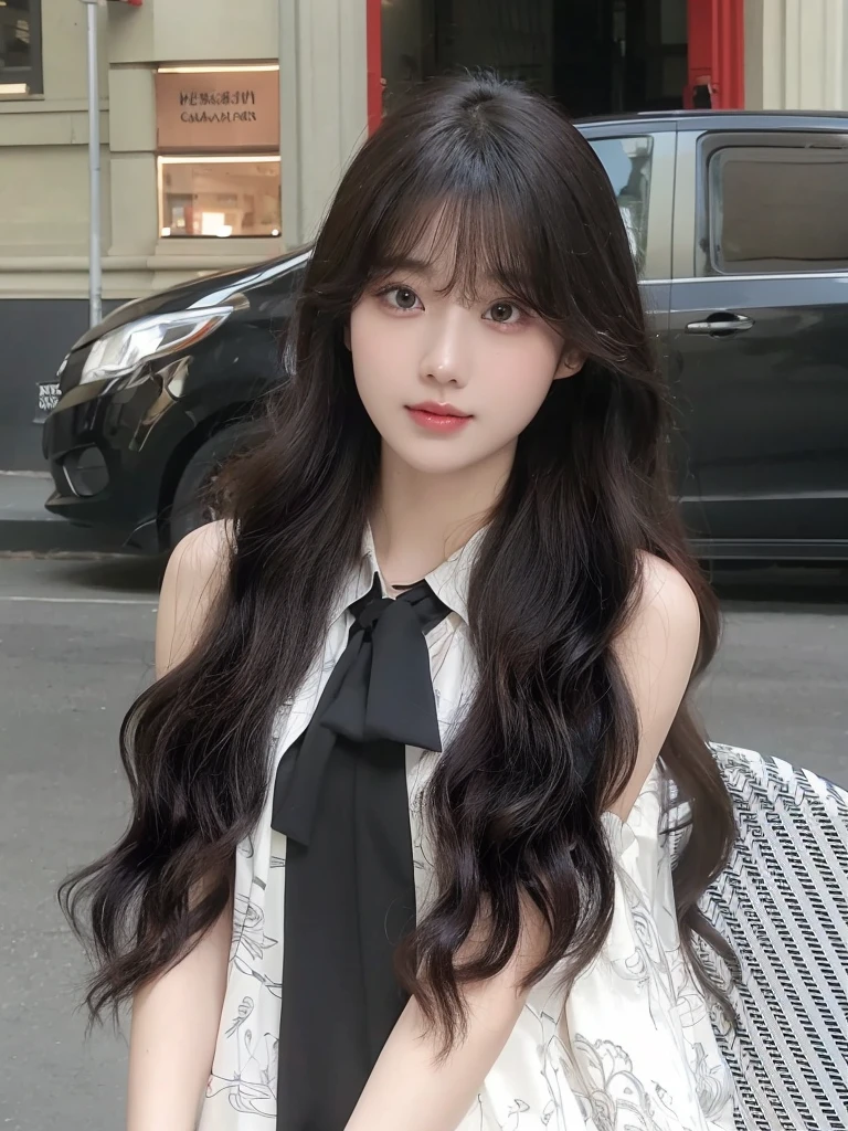 Air bangs long curly hair，Long curly black brown hair，Natural and beautiful hair，The background is simple and clean，uniform hair color