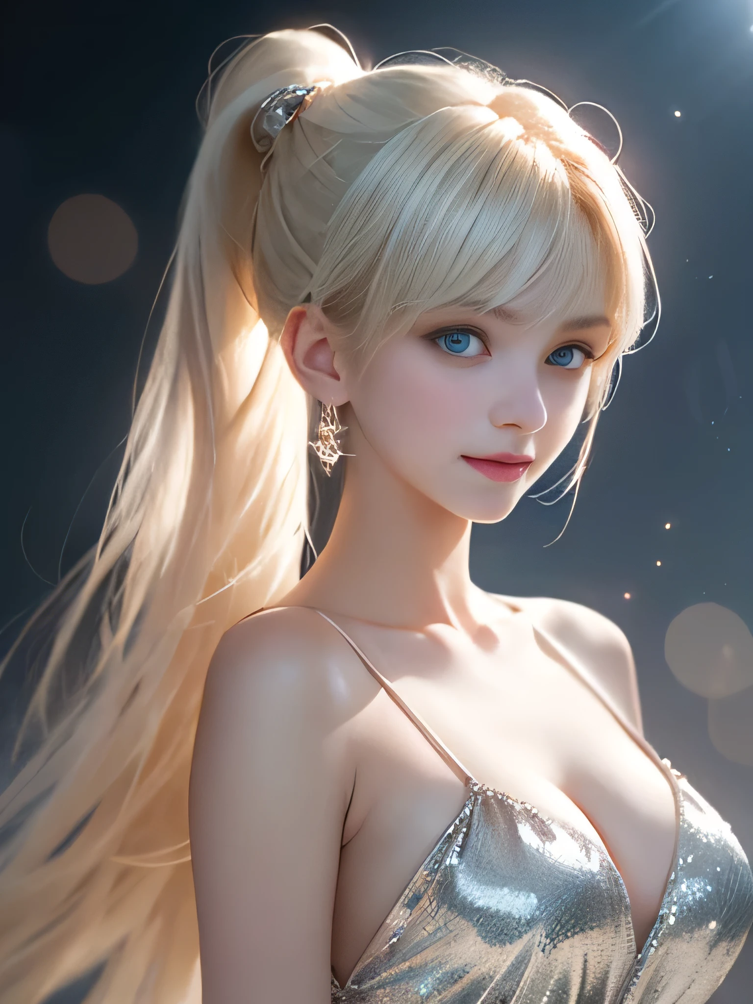 Portrait、、Bright expression、ponytail、Younger, brighter, whiter skin、Best Looks、Blonde reflection、Platinum blonde hair with dazzling highlights、Shiny bright hair,、Super long, silky straight hair、Shiny beautiful bangs、Sparkling, clear, attractive big blue eyes、A very beautiful, lovely and cute girl、Ample breasts