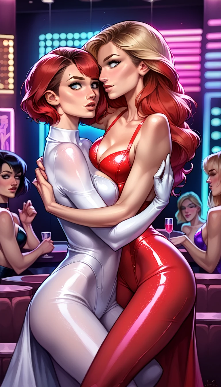 score_9, score_8_up, score_7_up, score_6_up, score_5_up, (high quality, detailed, beautiful), detailed soft lighting, 2girls, (short hair Gwen Stacy:1.0), (MJ Watson, long flowing hair, red hair:1.0), nightclub, neon lights, dancing, embracing, grinding, (big eyes, open eyes, beautiful eyes), tight clothes, reach around, groping,