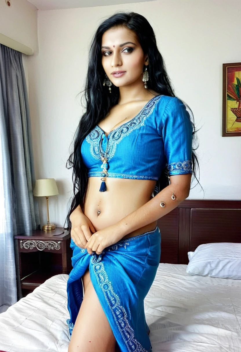 Beautifull indian girl , attractive face , long hairs , black hair colour , white skin tone , wearing indian traditional dress saaree , blue colour , navel visible , sexy pose, thick thighs , big , standing on a hotel room , near a king size bed , torques colour wall