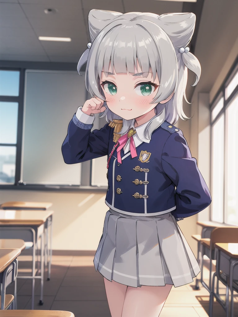 indoor,((classroom)), Green Eyes, Grey Hair, hair ornaments, bangs, Virtual YouTuber, blunt bangs, Double Bang, Animal ears, Flat Chest,uniform,Grey Skirt,Pink Panties,blush,1boy,shoulder carriage