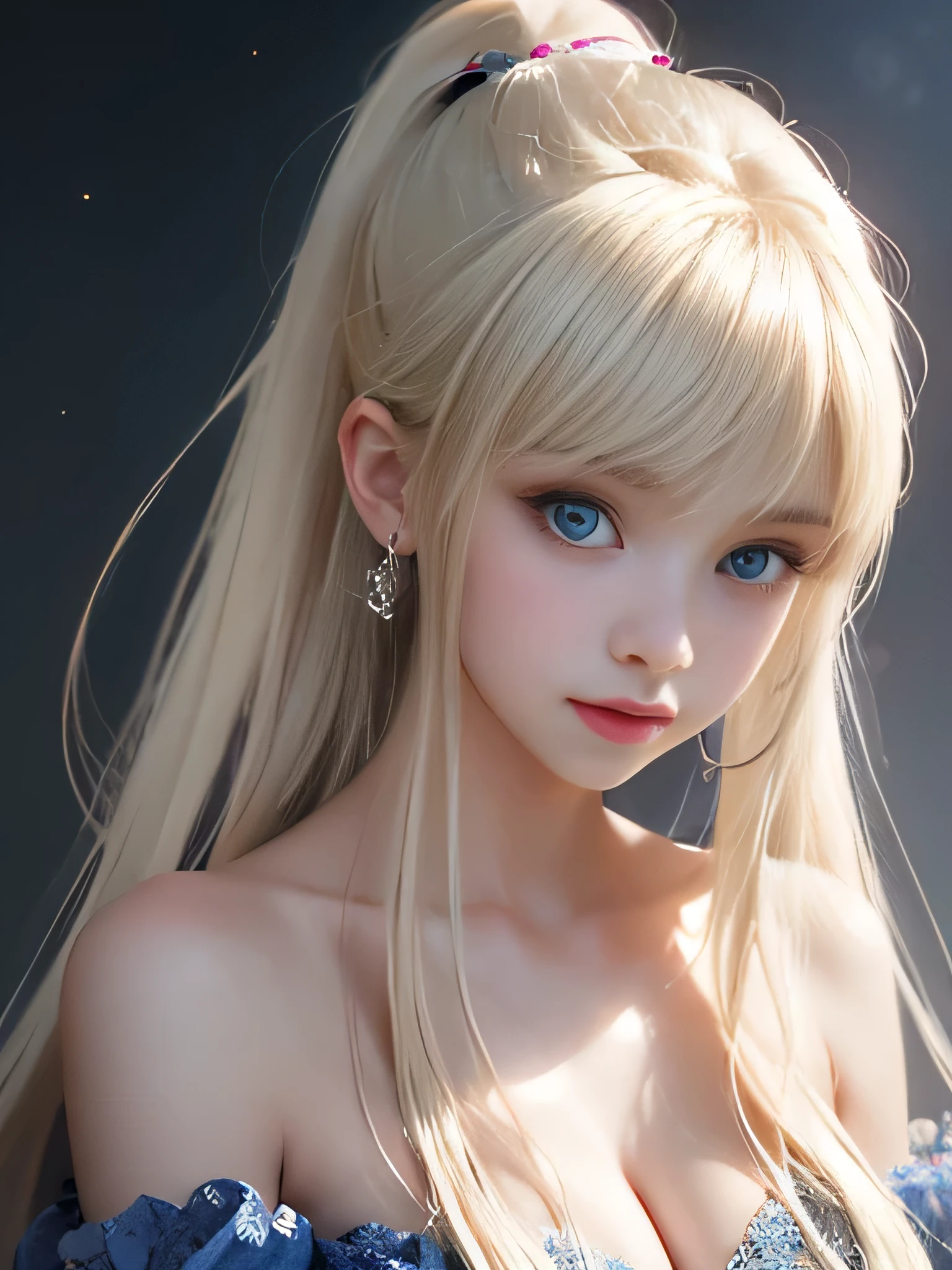 Portrait、、Bright expression、ponytail、Younger, brighter, whiter skin、Best Looks、Blonde reflection、Platinum blonde hair with dazzling highlights、Shiny bright hair,、Super long, silky straight hair、Shiny beautiful bangs、Sparkling, clear, attractive big blue eyes、A very beautiful, lovely and cute 16 year old girl、Ample breasts