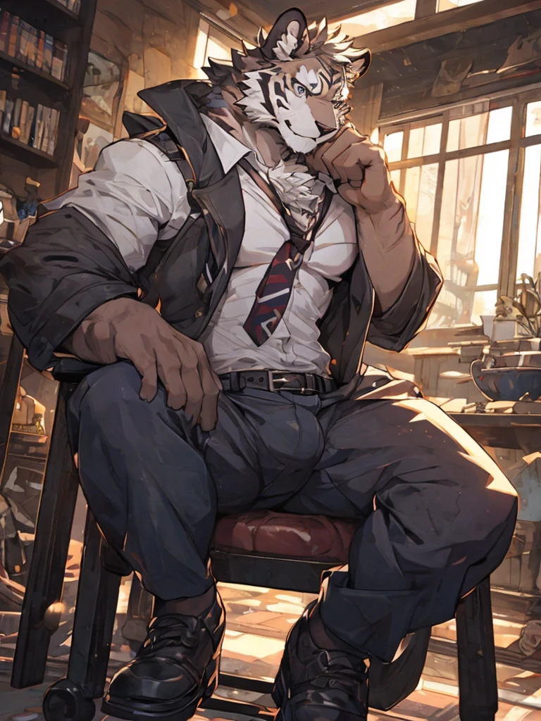 {{bara extremely handsome white tiger,}} {{white fur,}} white, wearing military like purple trench coat, purple trousers, white dress shirt and necktie, white fluffy furry body and limbs, loafers, very tall, very broad shoulders, narrow waist, muscular arms, massive pecs, purple eyes, very long legs, sitting on swivel chair with legs spread, from below perspective, massive bulge, sophisticated hot look, sexy pose, full body, sunlight casting over, 3/4 view, best quality, high quality, silver earring on left ear, sultry smirk