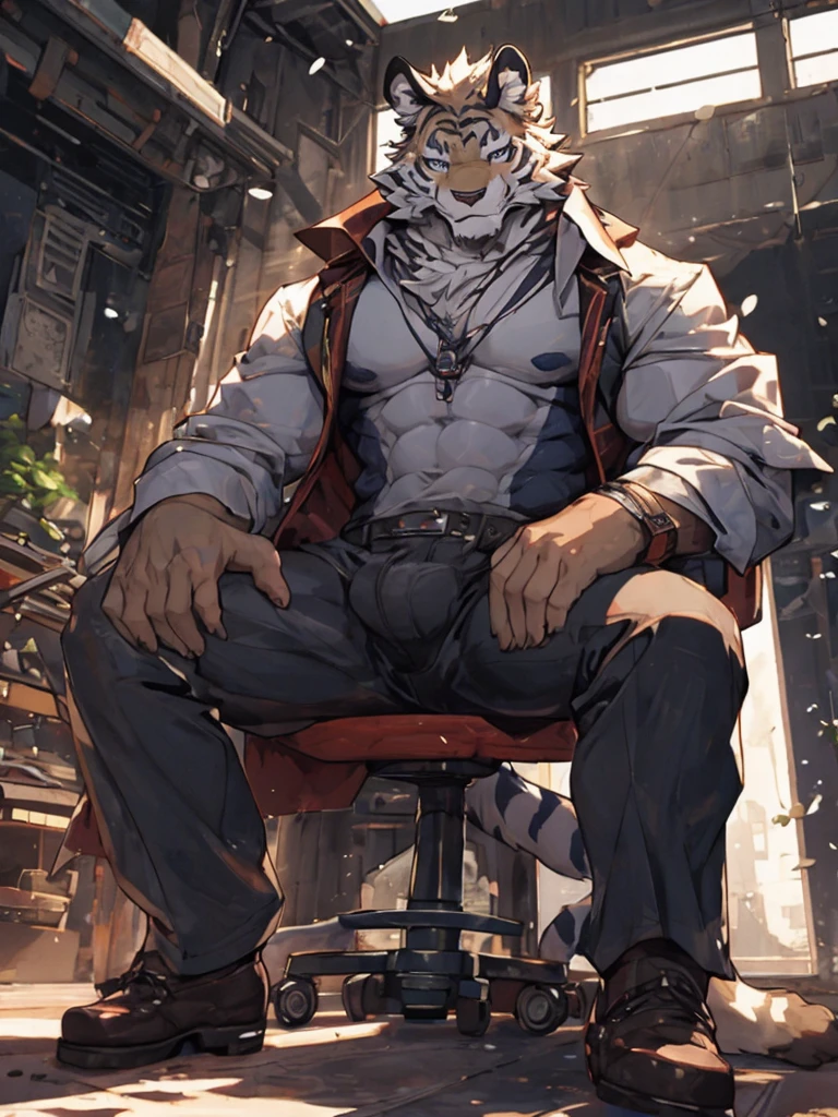 {{bara extremely handsome white tiger,}} {{white fur,}} white, wearing military like purple trench coat, purple trousers, white dress shirt and necktie, white fluffy furry body and limbs, loafers, very tall, very broad shoulders, narrow waist, muscular arms, massive pecs, purple eyes, very long legs, sitting on swivel chair with legs spread, from below perspective, massive bulge, sophisticated hot look, sexy pose, full body, sunlight casting over, 3/4 view, best quality, high quality, silver earring on left ear, sultry smirk