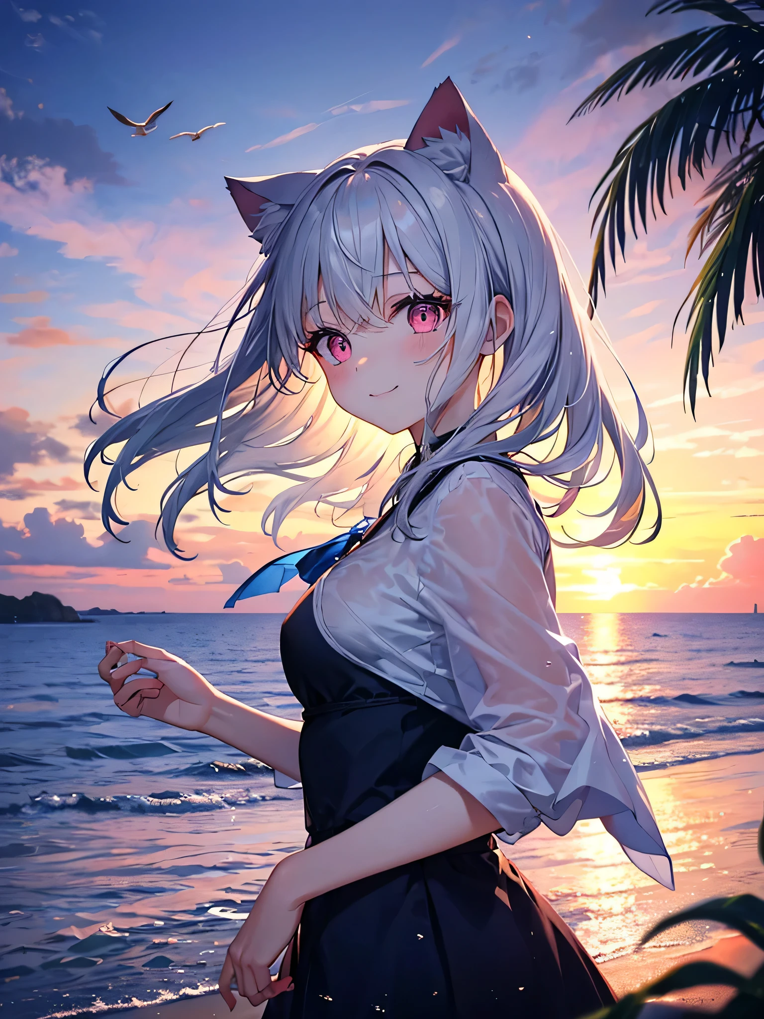 Highly detailed face, water effects、Light effects,medium breasts,pretty girl,smile,Cat ear,Beautiful silver hair,Pink inside,Beautiful pink eyes ,an orange、pink there、Yellow blends to fill the sky、The sunset over the beach is truly mesmerizing。The crystal clear sea gently kisses the shore、White sand beaches stretch everywhere。Seagulls soar high into the sky、It is a dynamic and breathtaking scene with palm trees gently swaying。Embrace a calm atmosphere、Peace washes you,dress