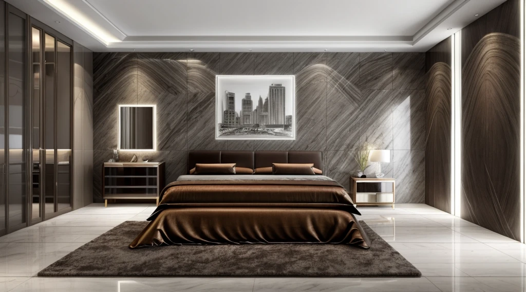 Modern bedroom, (dinner details: 1.2), brown luxury bed, tropical style ceramic combo on the wall, marble floor, 1 large photo on the wall, gray painted walls, warm lighting , 1 dressing table with 1.8-inch chair, 1 bedside cabinet, white ceiling, recessed LED lights