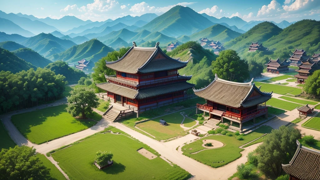 Beautiful scenery of ancient Chinese village. Aerial view, Photorealistic photos, High definition, 8K