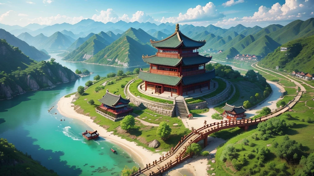 Beautiful scenery of ancient Chinese village. Aerial view, Photorealistic photos, High definition, 8K