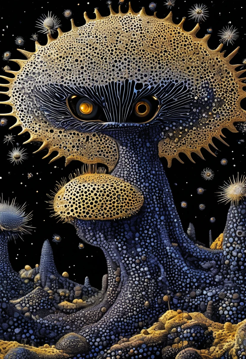 Strange illustration,Pointillism method,Trypophobia,petroglyph,3D vision,Star,unrealistic,Strong visual impact,black background,Star