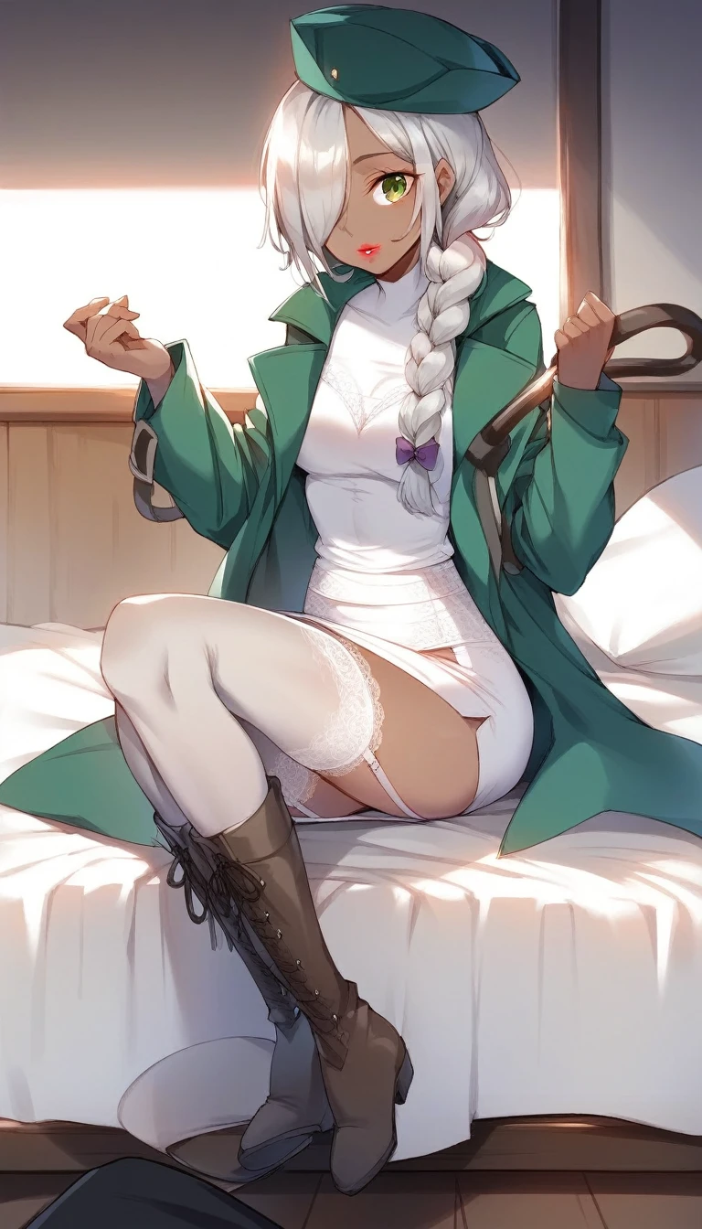 BREAK Perfect Anatomy、(High resolution:1.2)、Incredible illustrations、(Cute illustrations:1.2)、(nsfw)(cinematic angle,ceiling,solo focus,)
(Beautiful background(sleeper train suite interior))
1girl((male focus,tom girl)(a girl, 1.7meters, 45kg,,dark skin:1.6,green eyes,silver hair,hair over one eye,long french braid,lipstick:1.2)(light smile)(netorare、on the bed)
(tyrolean hat,rail road man's coat,Vest jacket with lines,silk sexy lingerie,lace up stockings,high slit long tight skirt,workman's boots)(repe:1.4)
