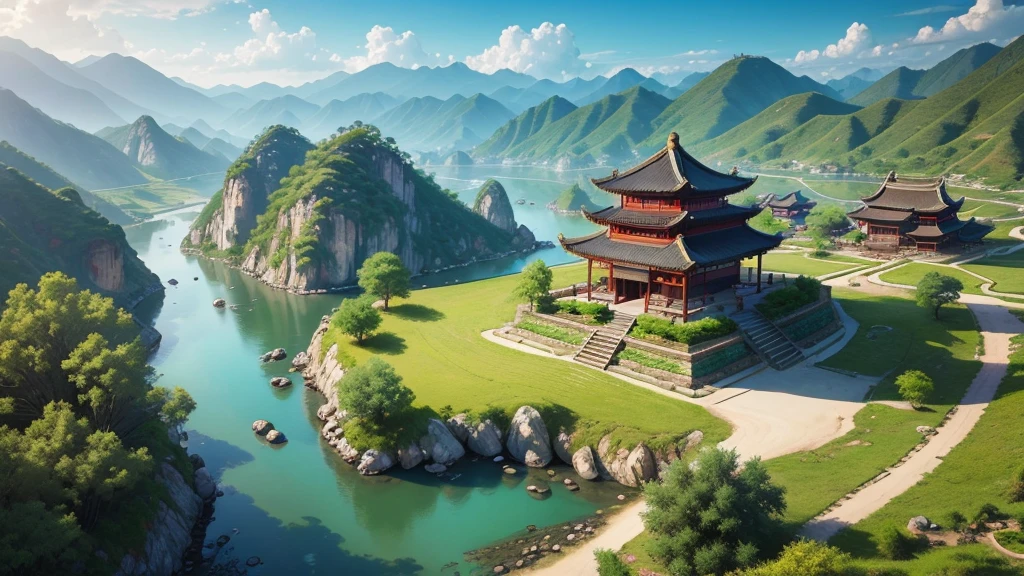Beautiful scenery of ancient Chinese village. Aerial view, Photorealistic photos, High definition, 8K