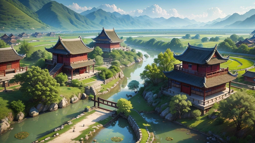 Beautiful scenery of ancient Chinese village. Aerial view, Photorealistic photos, High definition, 8K