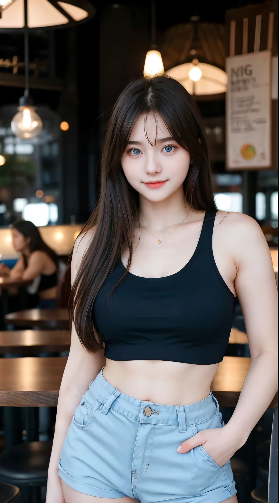 Gorgeus Girl, Beautiful, , 20 Years Old, White Skin, Beside, Sexy Pose, wearing black tank top, Blue Eye, Bokeh, restaurant Background, Masterpiece, asking for a hug, full body Shot, short pants