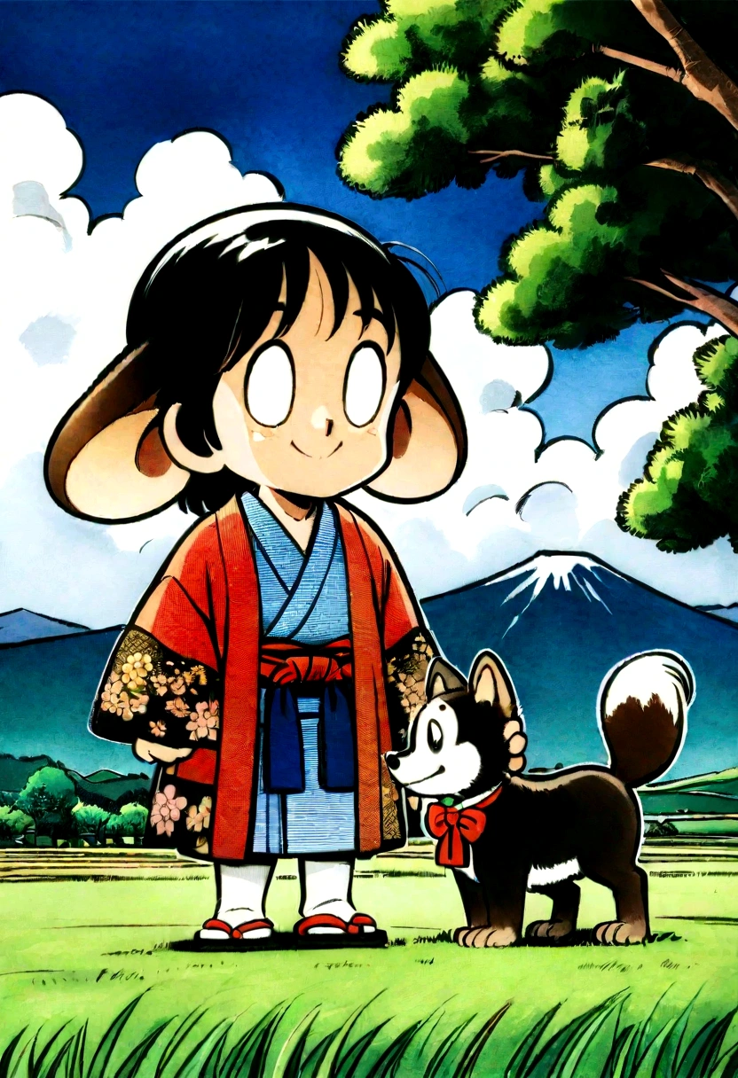 character: Brave and smiling young man。Wearing a traditional samurai costume、He has a sword on his waist。There's a monkey on his shoulder。 With big ears、With a dog wagging its tail、A pheasant with its colorful feathers spread out、Standing next to Momotaro。 background: Vibrant Japanese countryside scenery。Lush green rice fields and mountains々、Blue sky and white clouds。 A big tree standing by the river。 Onigashima Island seen in the distance: Although it has a creepy atmosphere、Gives a sense of adventure to the story。 style: 和風のアニメーションstyle。Bright and colorful colors。 A touch reminiscent of a retro picture book。